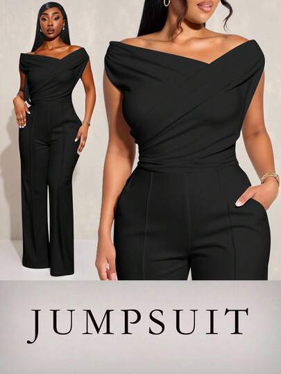 SHEIN SXY Plus Size Women's New Elegant Sexy Daily Basic Commuter Solid Color Sleeveless Asymmetric Minimalist Sophisticated Fashion Jumpsuit For Women