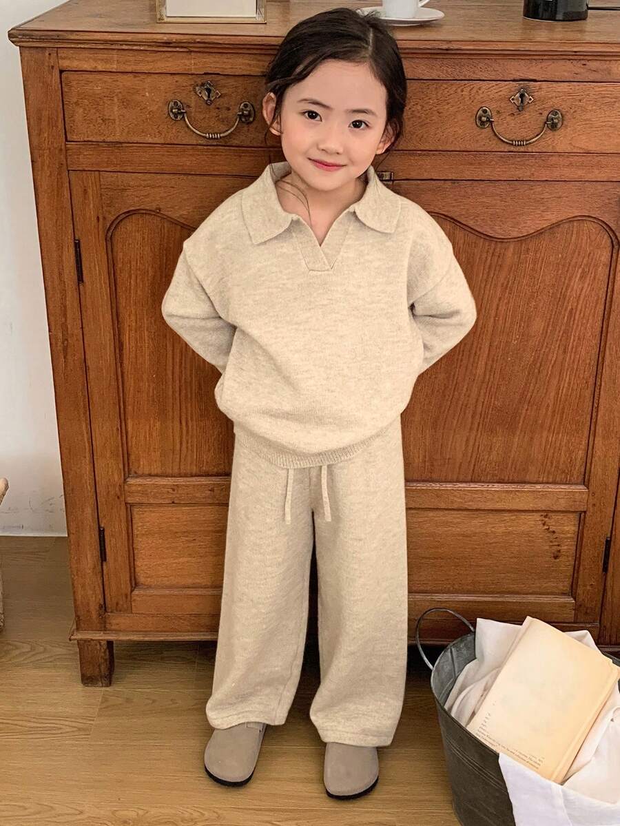 Dazy Kids Young Girl Solid Color Drop Shoulder Long Sleeve Sweater And Drawstring Waist Knit Pants Casual Suit, Autumn - Apricot - View 1