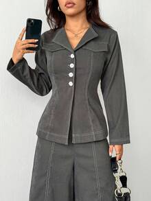 SHEIN PETITE Bộ áo sơ mi dài tay cài nút và quần âu thường ngày - Màu xám đen - Xem 7
