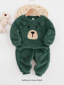 Cozy Pixies 2 pièces Ensemble de sweat-shirt à capuche à manches longues et pantalon de jogging doublé thermique avec motif ours de bébé garçon