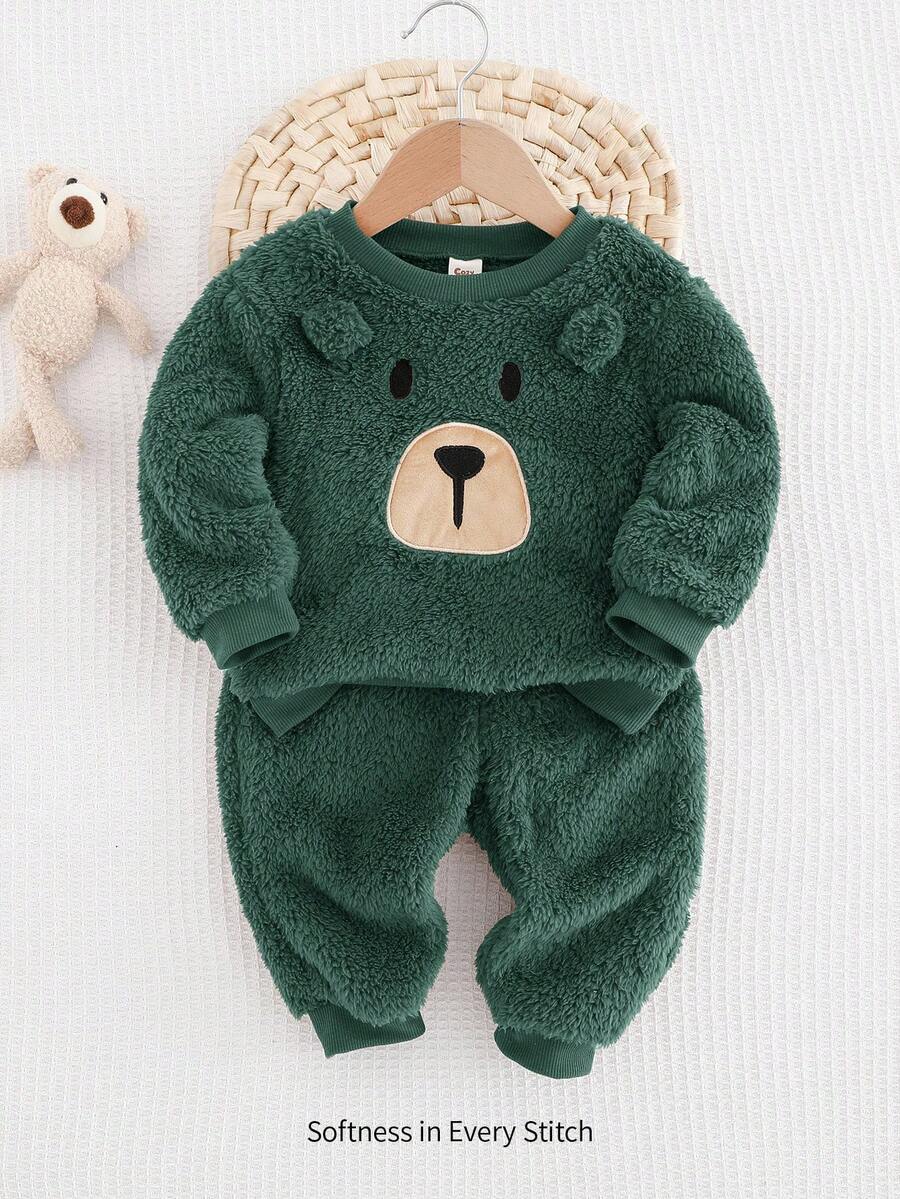 Cozy Pixies 2 pièces Ensemble de sweat-shirt à capuche à manches longues et pantalon de jogging doublé thermique avec motif ours de bébé garçon