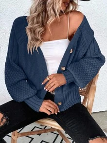 EMERY ROSE Raglan Sleeve Textured Knit Cardigan Button Up Cardigangreen Cardiganchunky Cardigan - Navy Blue - View 3