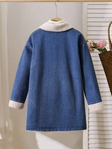 Sparklyn 女童蓝色水洗牛仔翻领仿皮草中长款夹克，休闲百搭 - 藍色 - 查看 2