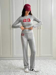 SHEIN Tall Set de 2 piezas Chándal de talla grande con cuello redondo, manga larga y estampado gráfico, color gris, para otoño/invierno