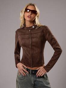 TRNVIE 1pc Women's Thin Jacket, Brown Suede Fleece Stand Collar Slim Fit Pockets Zipper Closure Long Sleeve Casual Versatile, Autumn/Winter