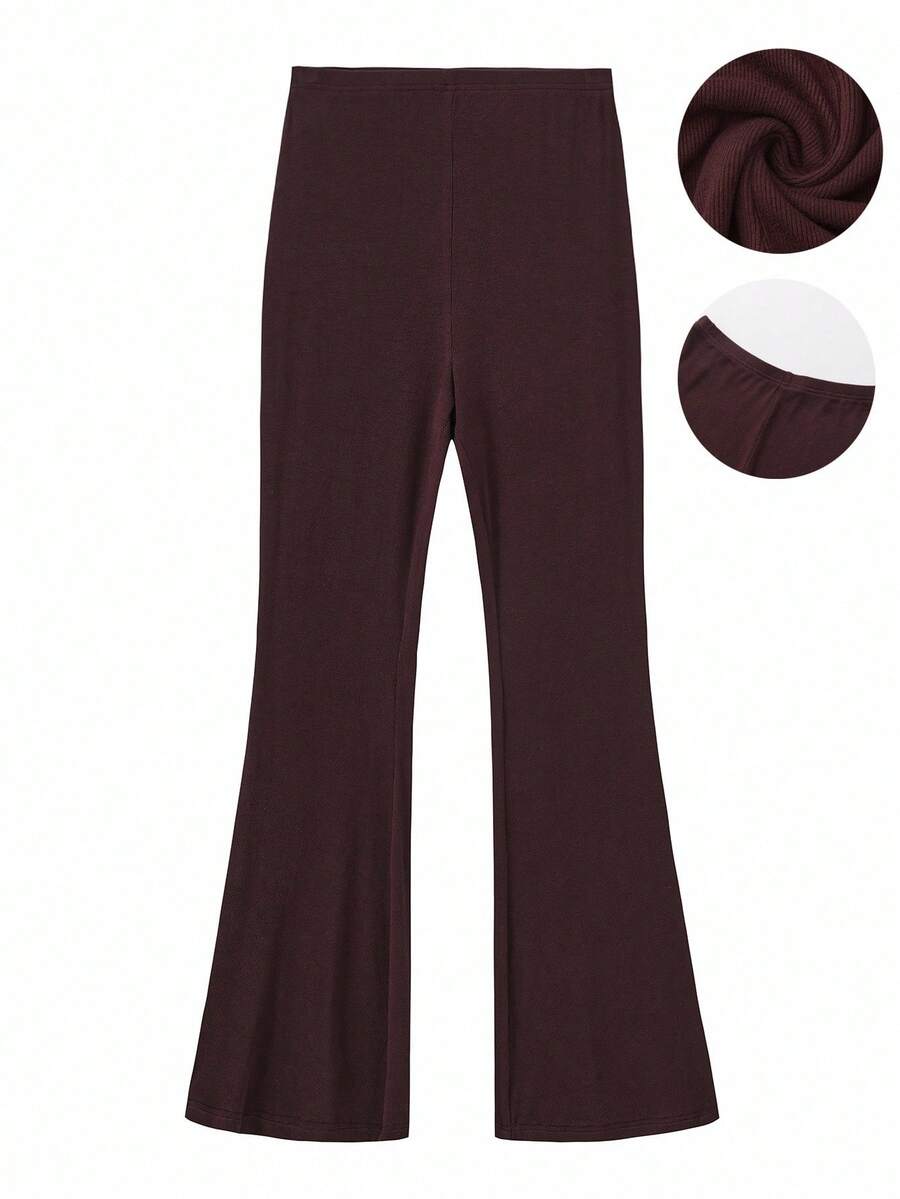 Chiquease 2025 Autumn New Arrival Women's Caramel Brown Ribbed Pants - Stretchy Ribbed Texture Fabric (Non-Stuffy & Skin-Friendly), Mid-Rise Slightly Flared Fit (Figure-Flattering, Hides Excess Fat), Practical Style For Wearing Alone In Early Autumn / Pairing With Boots In Late Autumn - Brown - View 1