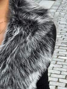 Muchica 女式时尚街头风格黑色仿皮草拉链长袖夹克，秋冬 - 黑色 - 查看 7