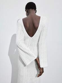 Maija 女士秋冬时尚性感简约纯色露背喇叭袖修身连衣裙 - 白色 - 查看 4