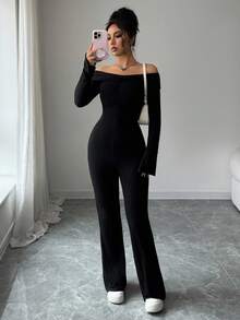 Elenzga Mono informal de mujer de un solo hombro de unicolor - Negro - Ver 3