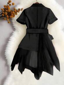 EMERY ROSE Women's Fashion Casual Patchwork Waist Belt Short Sleeve Thin Jacket - Black - View 2