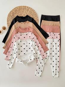 SHEIN 10pcs Baby Girl Polka Dot Print Long Sleeve T-Shirt Set, Cute & Versatile, Autumn/Winter - Multicolor - View 5