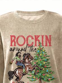 EMERY ROSE 圣诞图案印花时尚简约女式圆领羊毛长袖运动衫，送给朋友的礼物，秋冬 - 卡其色 - 查看 3