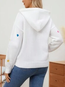 SHEIN 孕妇休闲心形刺绣抽绳连帽落肩毛衣，秋冬