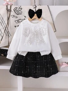 SHEIN 两件套女童卫衣半裙套装，优雅蝴蝶结、亮片和串珠装饰，秋冬女童上衣半裙套装，秋冬优雅女童半裙套装，秋冬少女水晶花呢服装 - 白色 - 查看 1