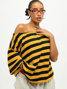 SUMWON WOMEN 引领潮流的露肩条纹超大 T 恤宽松版型时尚前卫上衣休闲夏季假日秋季节日装 - 彩色 - 查看 4