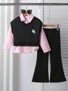 Elladie kids 3件套年轻女孩休闲条纹衬衫+心形印花背心+裤子套装，秋冬 - 彩色 - 查看 7