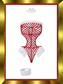 女式拼布人造毛皮、网眼、蕾丝边露背系带性感内衣 - 紅白色 - 查看 1