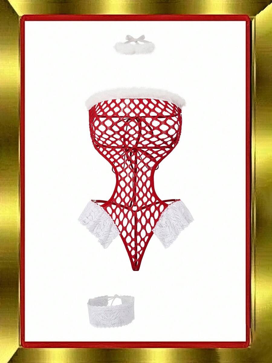 女式拼布人造毛皮、网眼、蕾丝边露背系带性感内衣 - 紅白色 - 查看 1