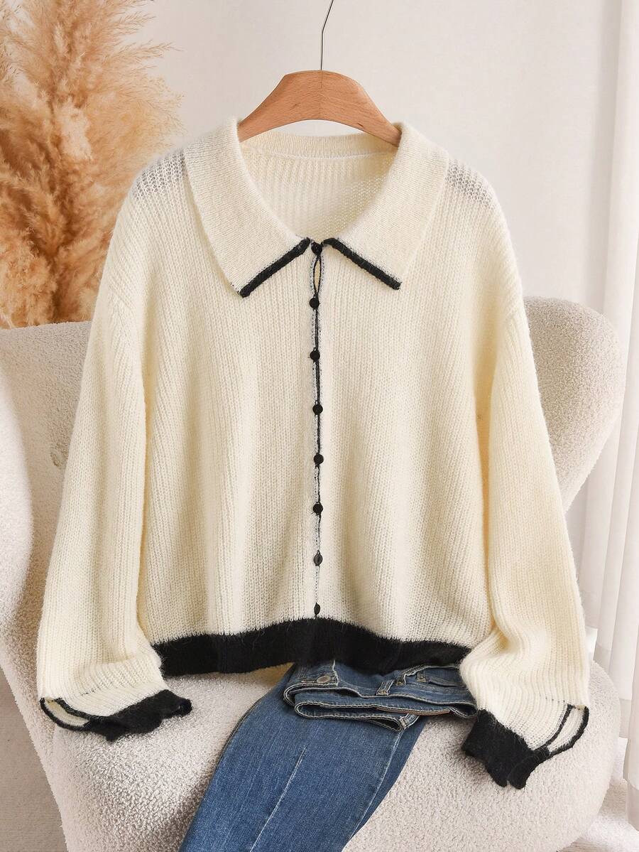 CosyJoli Áo khoác cardigan dáng rộng thanh lịch, giản dị, tinh tế, tối giản, đa năng cho công việc và kỳ nghỉ, áo khoác len dệt kim có cổ dành cho nữ, mùa thu/đông - Màu be - Xem 1
