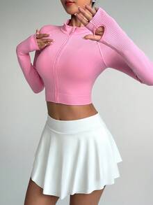 Sovereign Charm Women's Solid Color Raglan Thumb Hole Long Sleeve Zip Front Cropped Fitted Sports Jacket - Pink - View 1