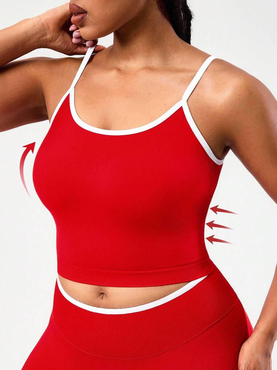 SHEIN Sports 大码女式无缝可调节肩带运动吊带背心，酒红色，适合健身和户外活动 - 紅色 - 查看 1