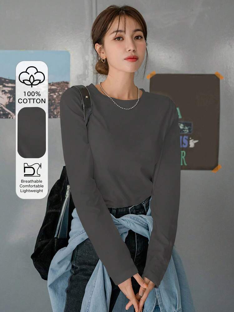 Women's Casual Solid Color Round Neck Long Sleeve T-Shirt, Autumn