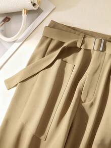 GlowEve Quần ống rộng có túi màu trơn thanh lịch dành cho nữ - Màu Khaki - Xem 3