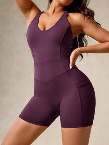 OutZeal Women Sports Jumpsuit Cycling Gym Outfit Summer Tummy Control Sweat Wicking Bra-In Backless Design - Purple - View 8