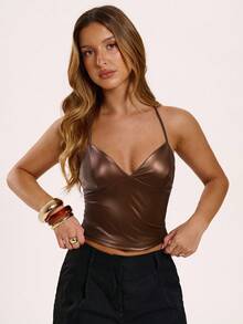 SHEIN BAE Áo hai dây trơn màu tối giản dành cho nữ - màu nâu - Xem 4