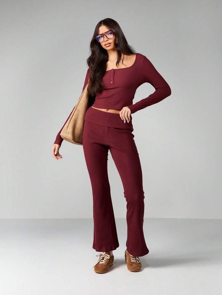 MISSGUIDED Ribbed Long Sleeve Square Neck Crop Top And Flared Pants Two Piece Set Fall Winter Lounge Co Ord Casual Matching Set