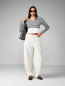 MISSGUIDED Top corto a rayas gris con cierre delantero de botones, inspirado en el estilo Y2K, clásico retro de manga larga para uso diario casual, estilo acanalado, diseño contemporáneo de dos tonos con cuello - Multicolor - Ver 3