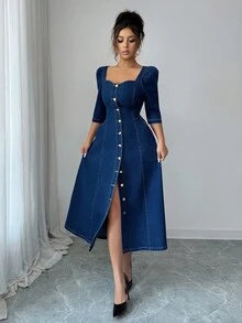Selianne 秋季通勤时尚前扣牛仔连衣裙 - 深色水洗藍 - 查看 7