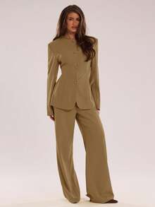 SHEIN BAE Women's Fashion Business Suit Jacket And Pants 2 Pieces Set - Mocha Brown - View 6