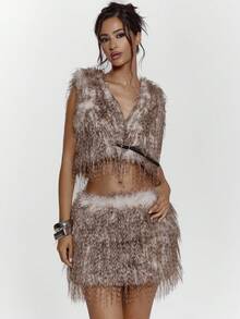 MUSERA Cropped Fluffy Faux Fur Belted Plunge V Front Top Sexy Going Out Night Out Winter Cute Streetwear - Multicolor - View 6