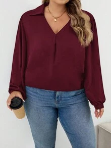SHEIN CURVE+ 大码女式秋冬休闲宽松舒适 V 领黑色长袖衬衫、秋季女装、女式衬衫、曲线上衣、老款、黑色上衣、商务休闲女装、女式办公室装、W、教师衬衫、女式秋装、冬季、CURVE PLUS - 酒紅色 - 查看 7