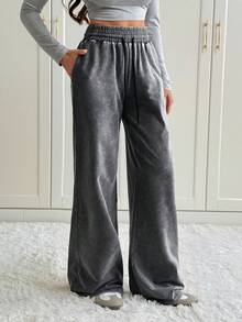SHEIN Tall 黑色雪洗女士针织运动裤 - 灰色 - 查看 6