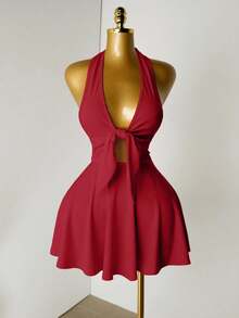 Mistrie 女士性感露背挂脖迷你连衣裙，夏季 - 酒紅色 - 查看 3