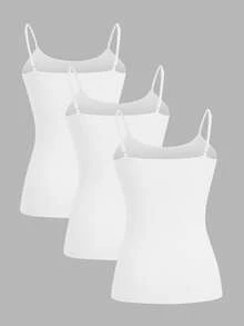 SHEIN EZwear Bộ 3 áo hai dây đệm nhiều lớp thanh lịch thường ngày cho nữ, màu trắng - trắng - Xem 2