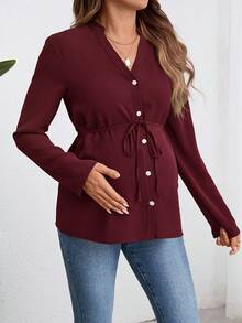 SHEIN 孕妇长袖纽扣衬衫，军绿色 - 酒紅色 - 查看 6