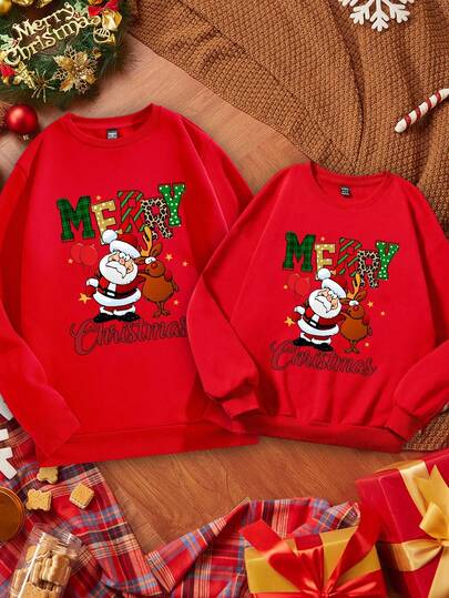Manfinity Homme Fashionable Casual Christmas Cartoon Christmas Element Graphic Combination Letter Print Parent-Child Single Piece Dad Plus Size Retro Red Crew Neck Pullover Fleece Sweatshirt, Fall/Winter
