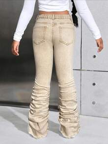 SHEIN Tween Girls Fashion Casual Y2k Vintage Cool Street Returns To School College Crinkled Cuffs Khaki Denim Stretch Skinny Jeans For Tween Girl Clothes Tween Girls Soft Dailywear And Tween Girl Winter And Fall Rave Outfits Festival And Outfits Streetwear Clothes Khaki Jeans For Girls Bell Bottom Pants Girls - Khaki - View 2