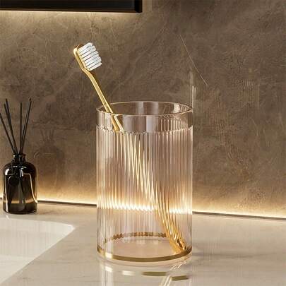 1pc Thick Transparent Plastic Toothbrush Holder Cup - Modern Ribbed Design Bathroom Mug, Suitable For Toothbrush And Accessories, Durable And Stylish, Bathroom Organization | Fashionable Toothbrush Holder | Transparent Plastic Structure