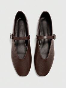 CUCCOO BIZCHIC 女士咖啡色穿孔舒适透气复古玛丽珍平底鞋，百搭日常通勤鞋 - 咖啡棕 - 查看 1