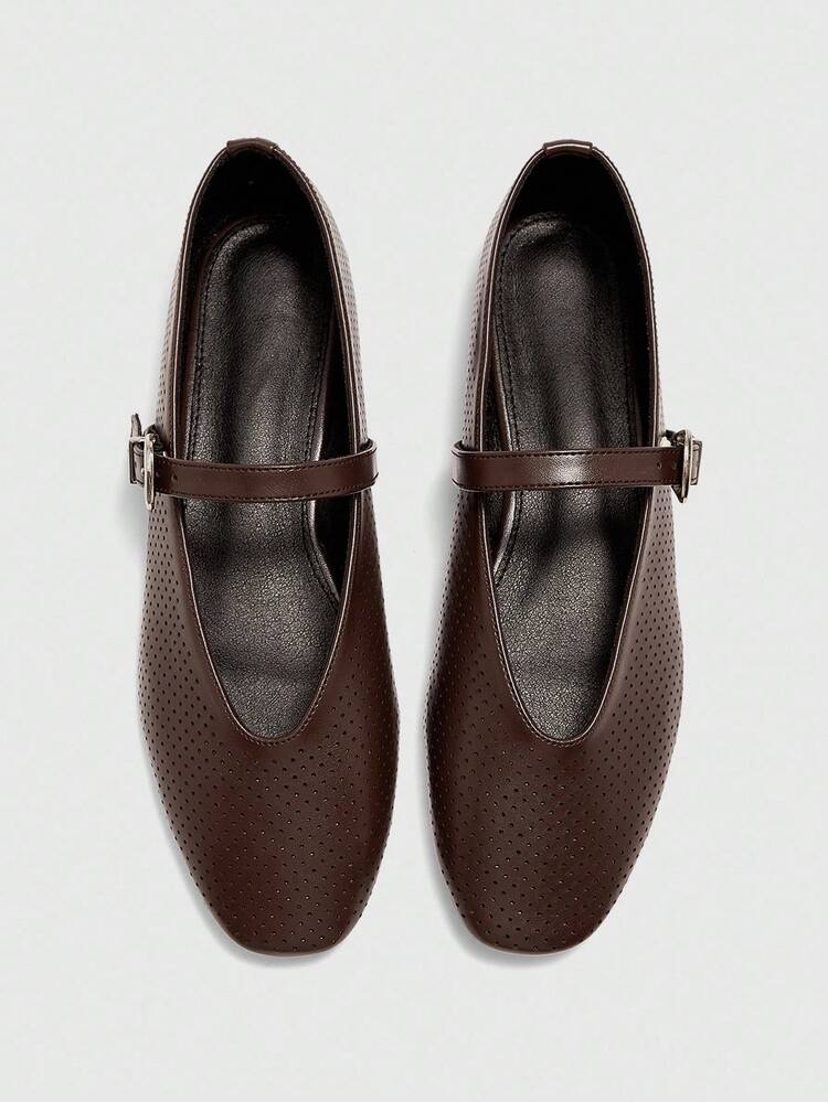 CUCCOO BIZCHIC Women's Coffee Perforated Comfortable Breathable Vintage Mary Jane Flat Shoes, Versatile For Daily Commute Spring Shoes