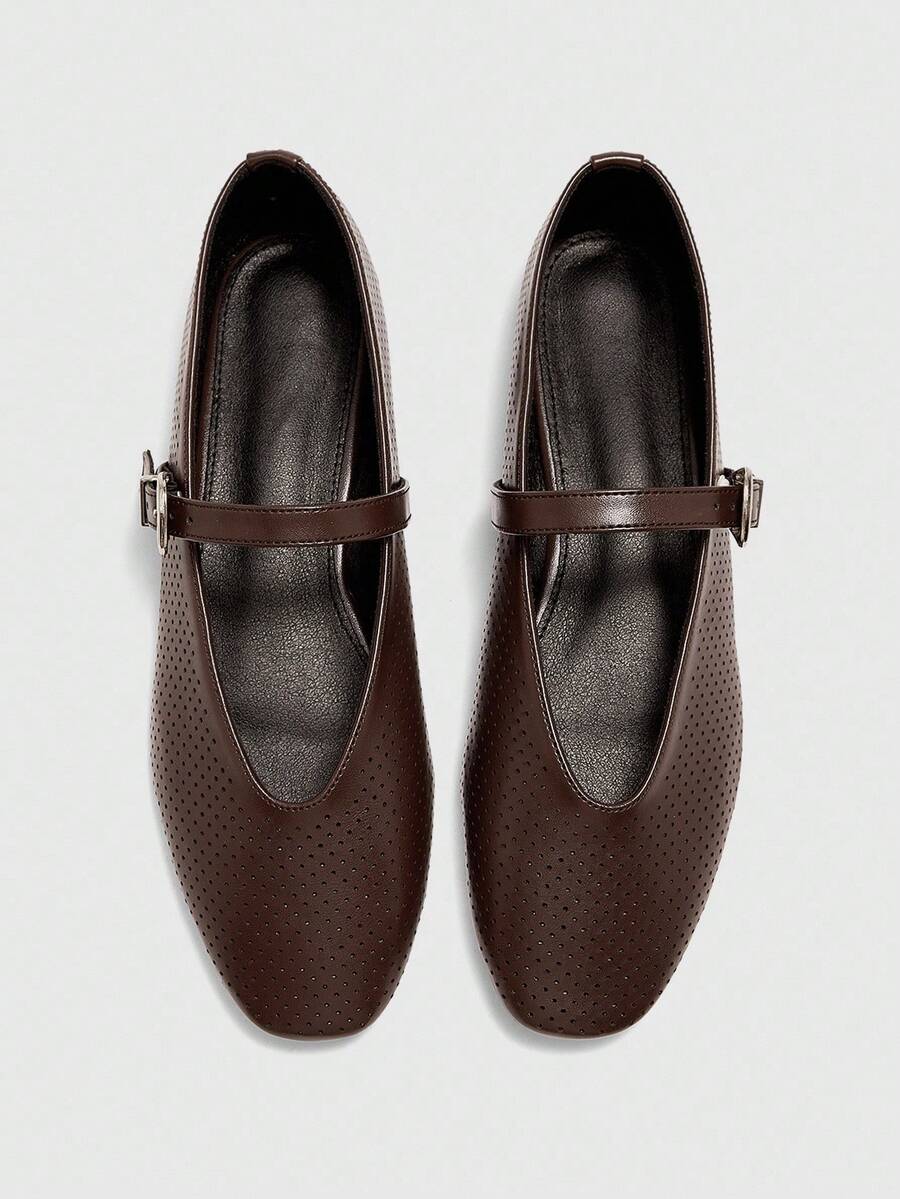 CUCCOO BIZCHIC 女士咖啡色穿孔舒适透气复古玛丽珍平底鞋，百搭日常通勤鞋 - 咖啡棕 - 查看 1