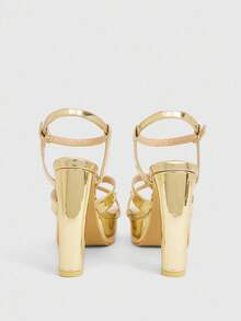 CUCCOO LuxiPop Sandales à talons hauts pour femmes à bout rond, talon épais et bride à la mode - Doré - Voir 6