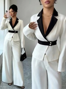 SHEIN Elenzya Elegant Contrast Collar Button Decor Blazer Jacket & Wide Leg Contrast Color Pants Women's Suit Set - Apricot - View 1