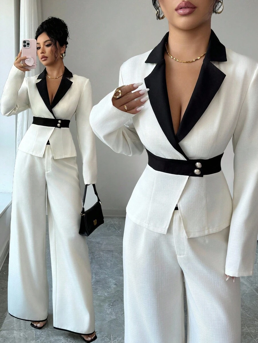 SHEIN Elenzya Elegant Contrast Collar Button Decor Blazer Jacket & Wide Leg Contrast Color Pants Women's Suit Set - Apricot - View 1