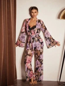 Slumberist Bộ đồ ngủ áo hai dây và áo choàng in hoa thời trang dành cho nữ - màu đen - Xem 8