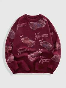 ROMWE MEN Street Life Men's Crew Neck Printed Racing Car Pattern Knit Sweater, Fall/Winter